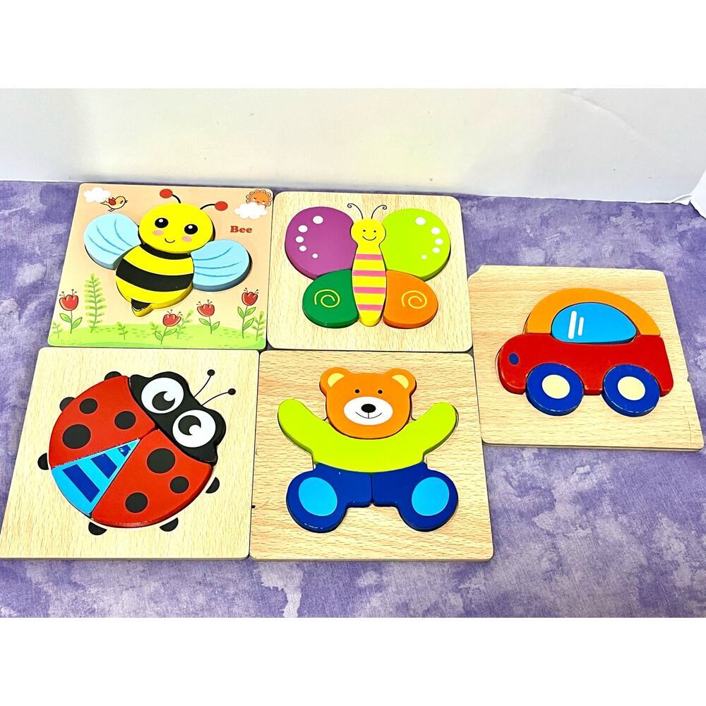 Wooden Puzzles Educational 4 Animals & 1 car Pattern Bright Vibrant Color Shapes